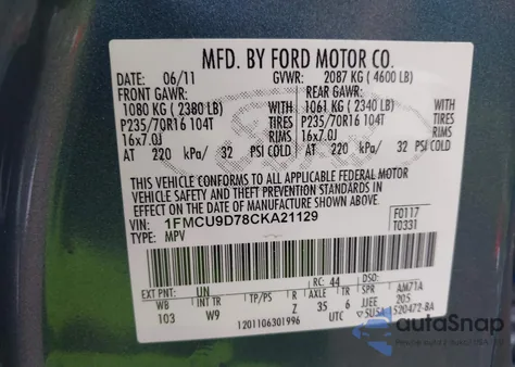 2012 Ford Escape Xlt z USA, uszkodzony, nr VIN 1FMCU9D78CKA21129